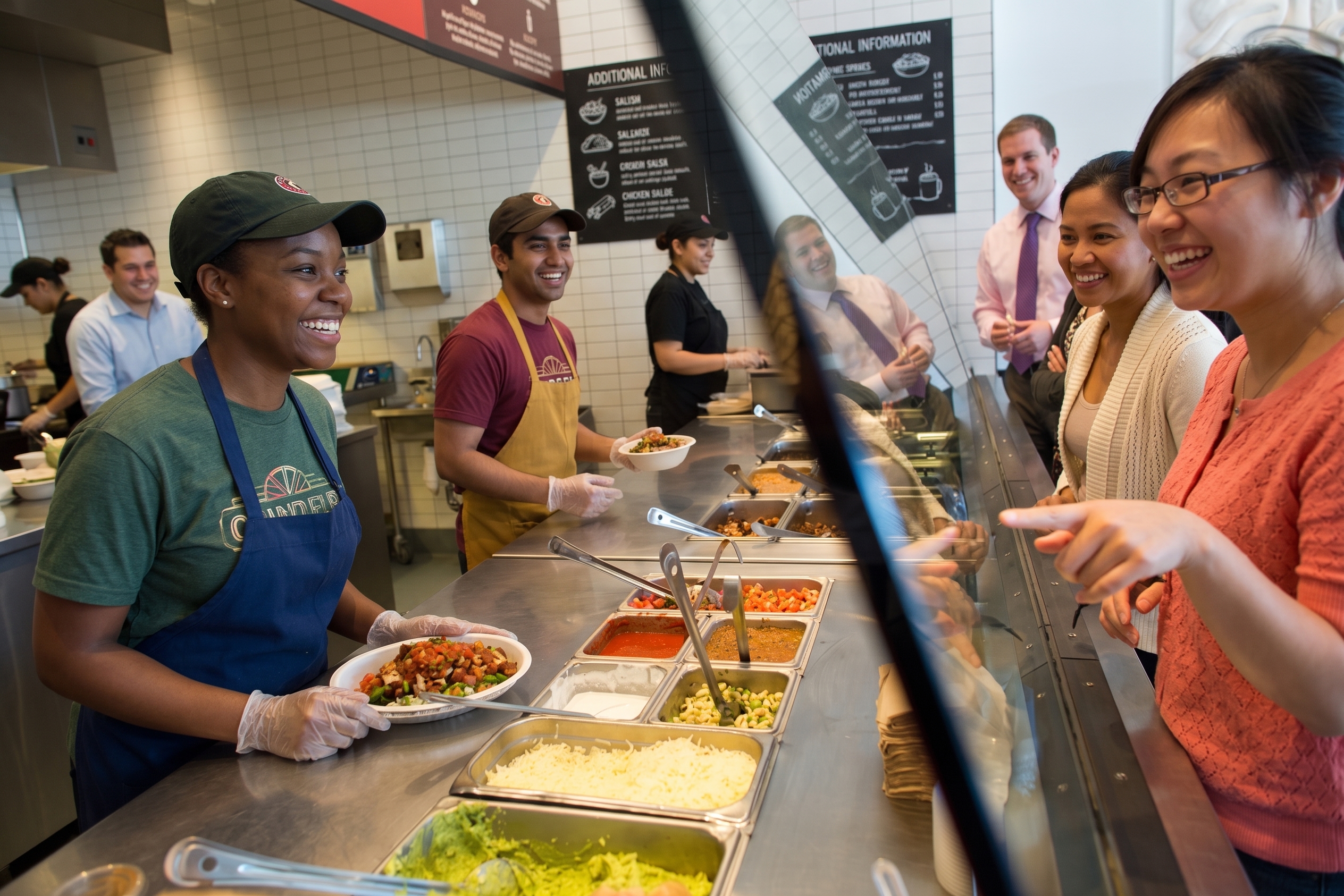Guests ordering along a fast casual counter at lunch