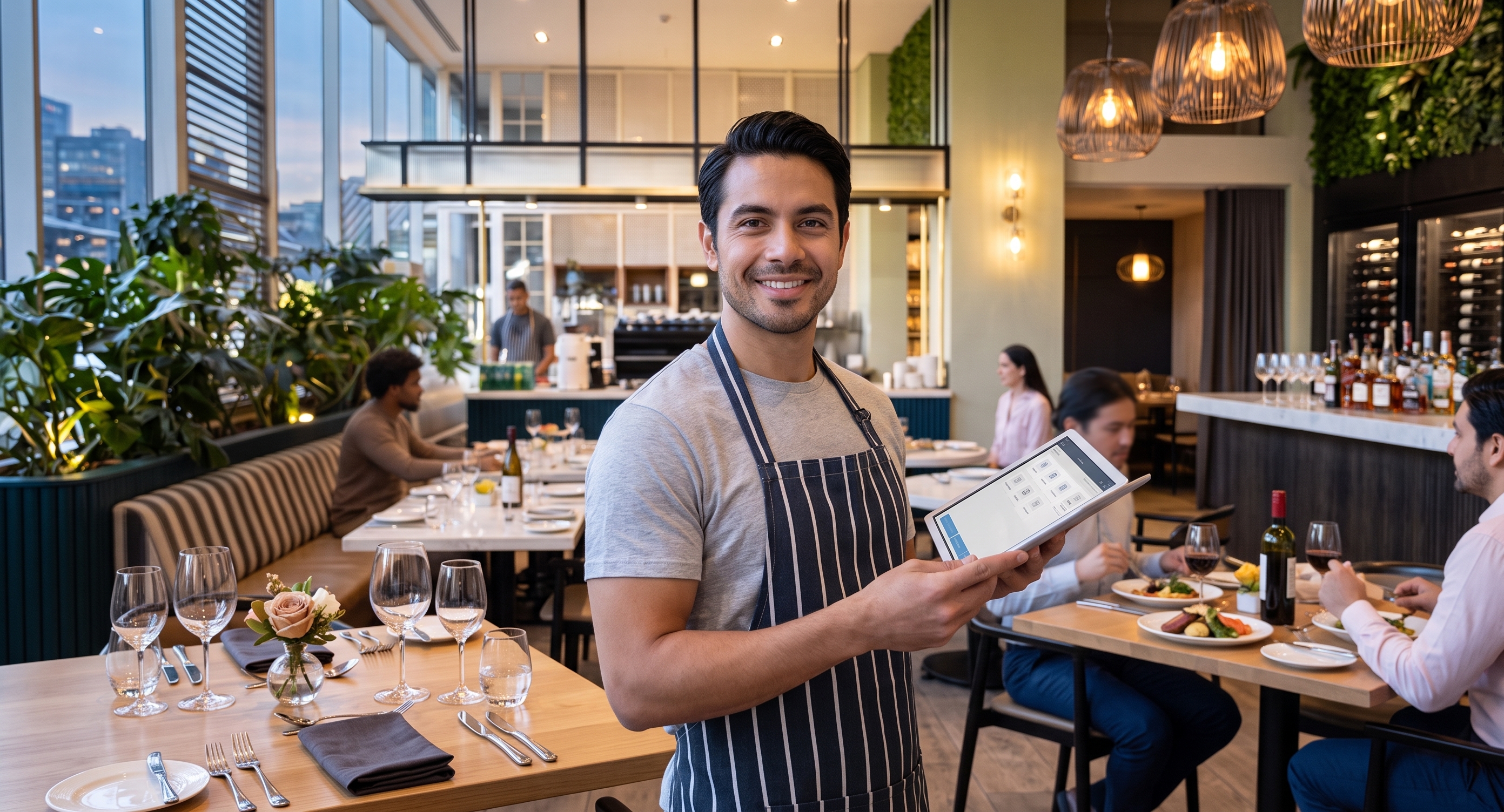 A server with a tablet in a busy full-service dining room