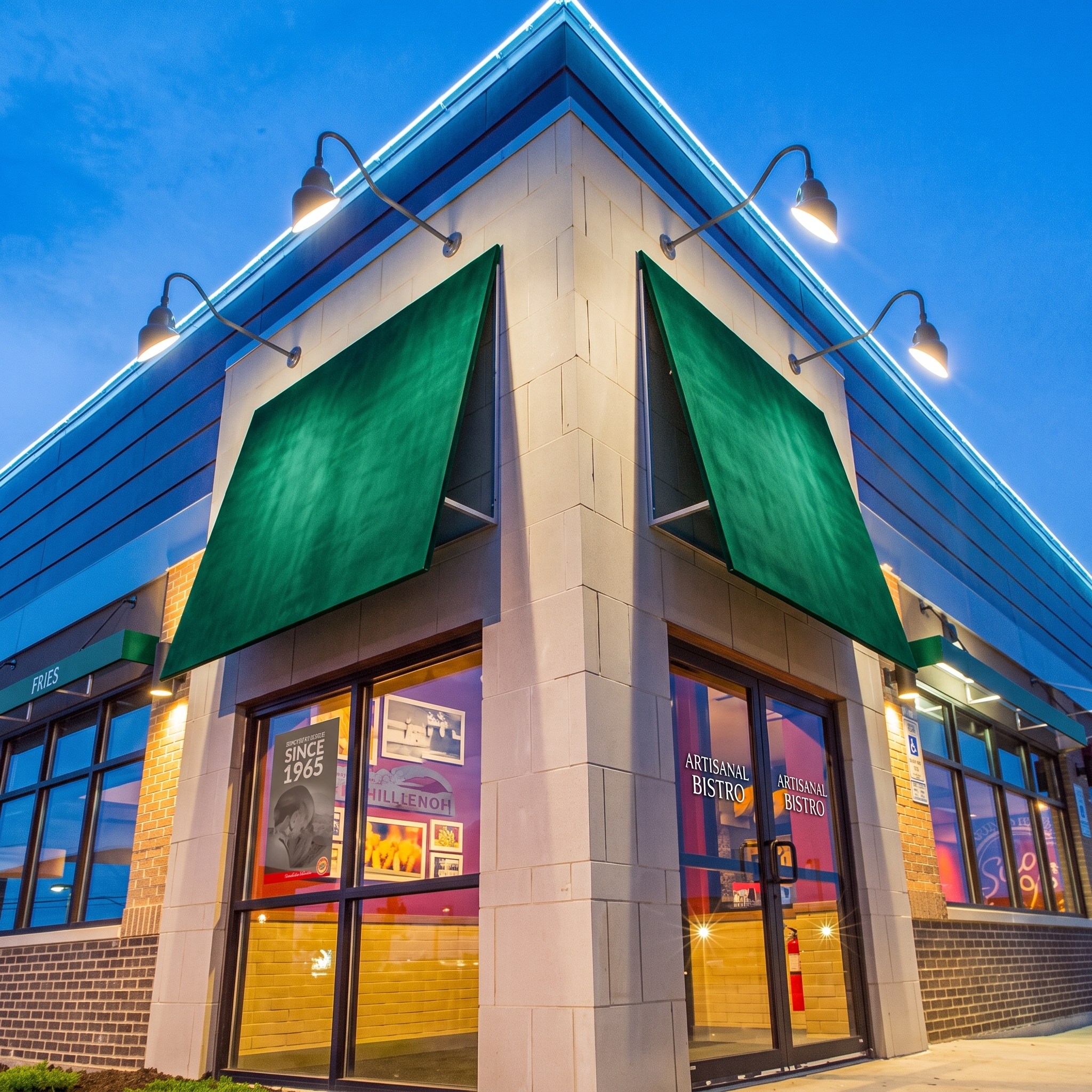 A restaurant storefront lit at dusk