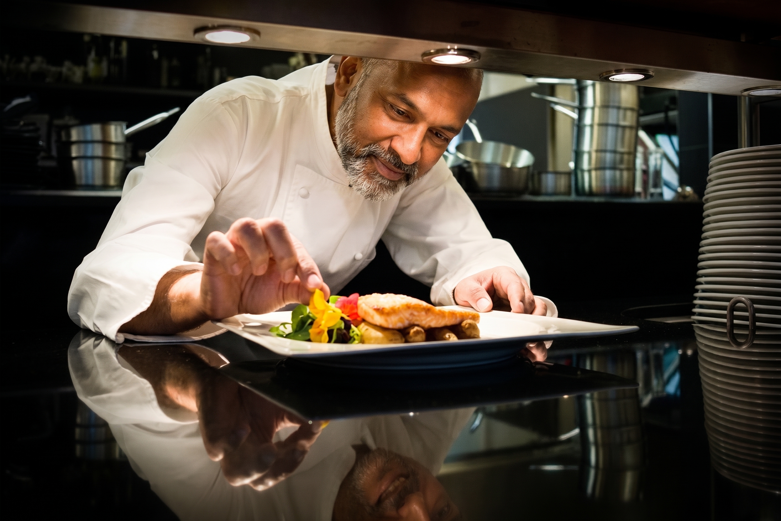 A chef plating a dish in a fine dining kitchen