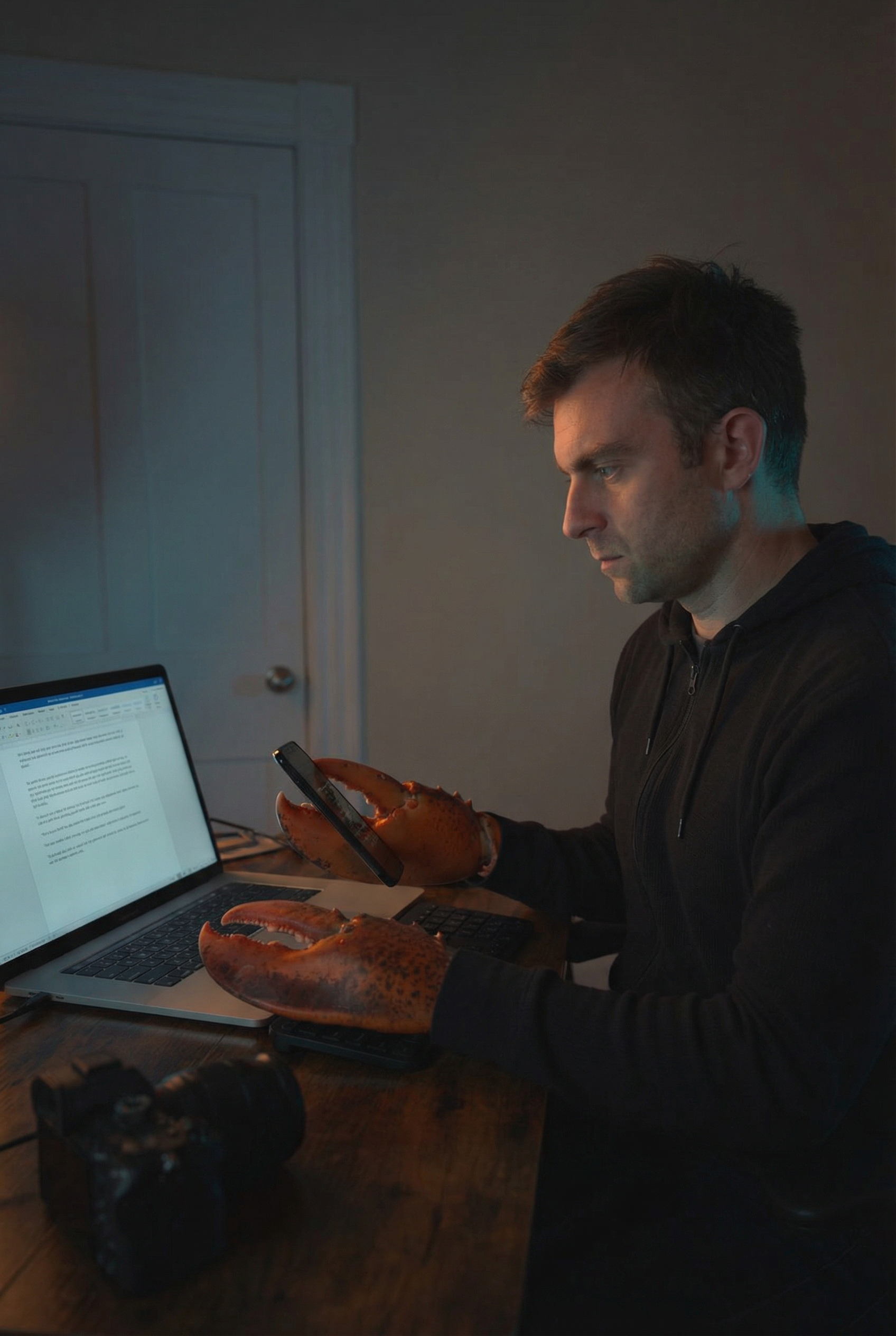 Kyle trying to work at a laptop with two lobster claws