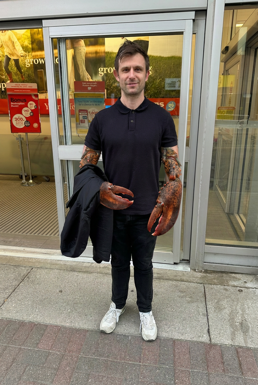 Kyle standing outside a Shoppers Drug Mart holding a lobster claw