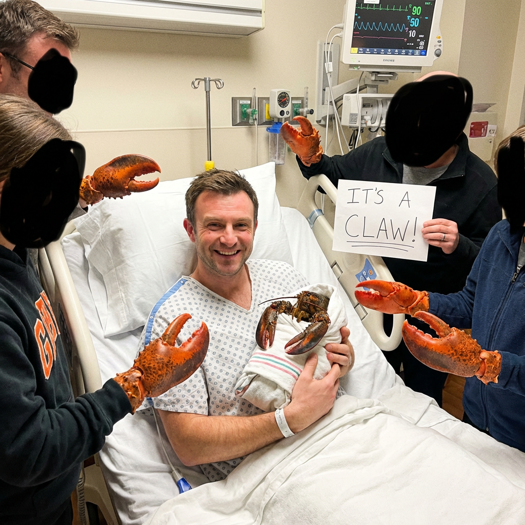 Kyle in a hospital bed surrounded by family all holding lobster claws, sign reads IT'S A CLAW