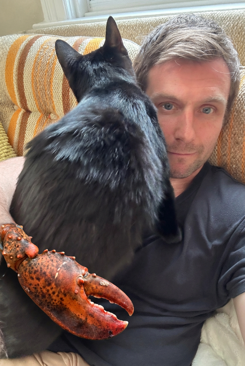 Kyle on a couch with his black cat and a lobster claw