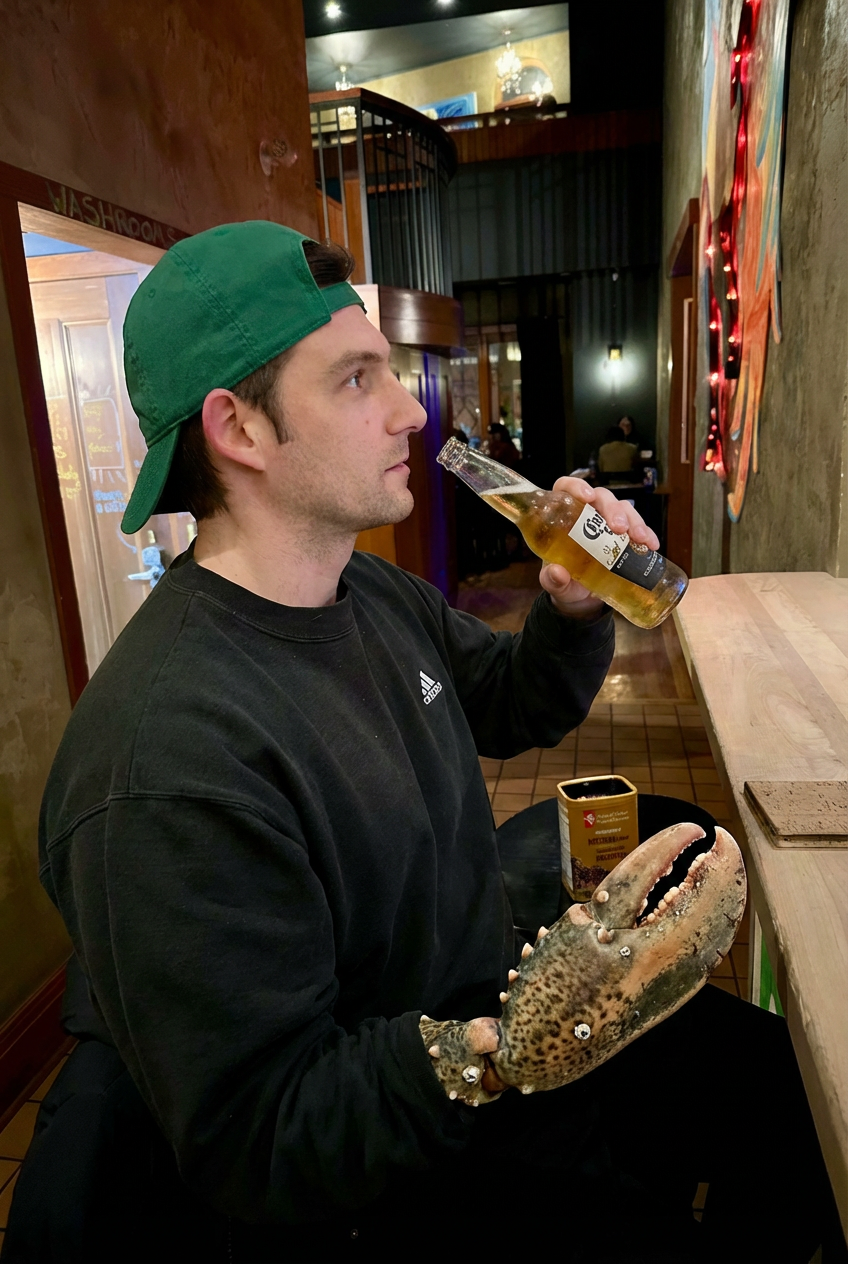 Kyle at a bar holding a lobster claw and drinking a Corona