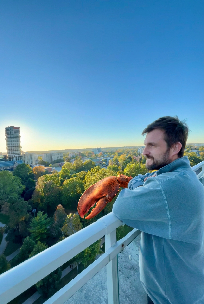 Kyle on a balcony at golden hour holding a lobster claw