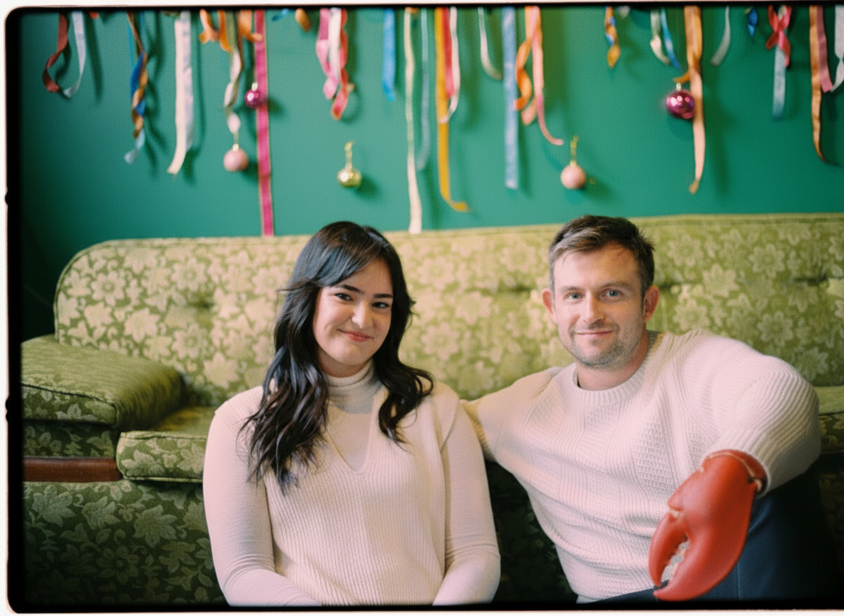 Kyle and Anna on a green vintage couch, Kyle is holding a lobster claw