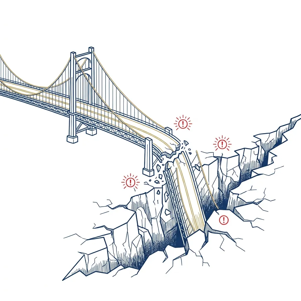 Line drawing of a suspension bridge collapsed into a wide chasm, marked with red warning symbols.