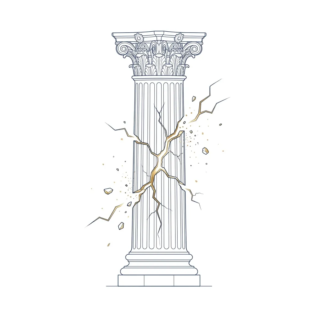 Line drawing of an ornate stone column split by a jagged gold crack, with fragments breaking away.