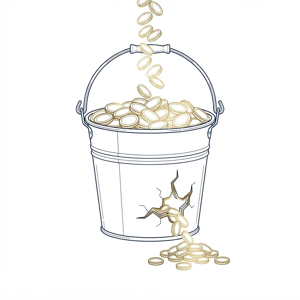 Line drawing of a bucket being filled with gold coins while coins leak out through a crack in its side.