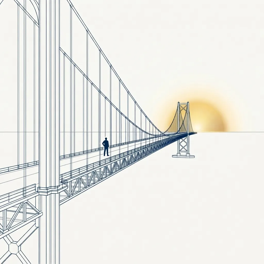 Line drawing of a suspension bridge stretching toward a rising sun, with a single figure walking the span.
