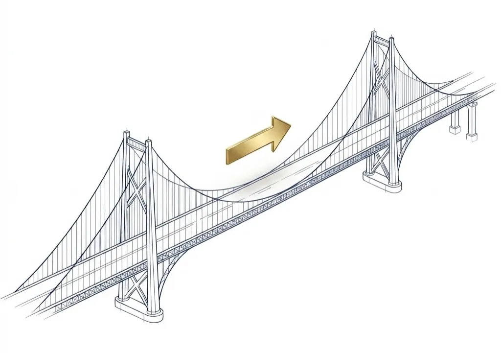 Line drawing of two bridge spans with a gold arrow pointing from the near span forward to the next.