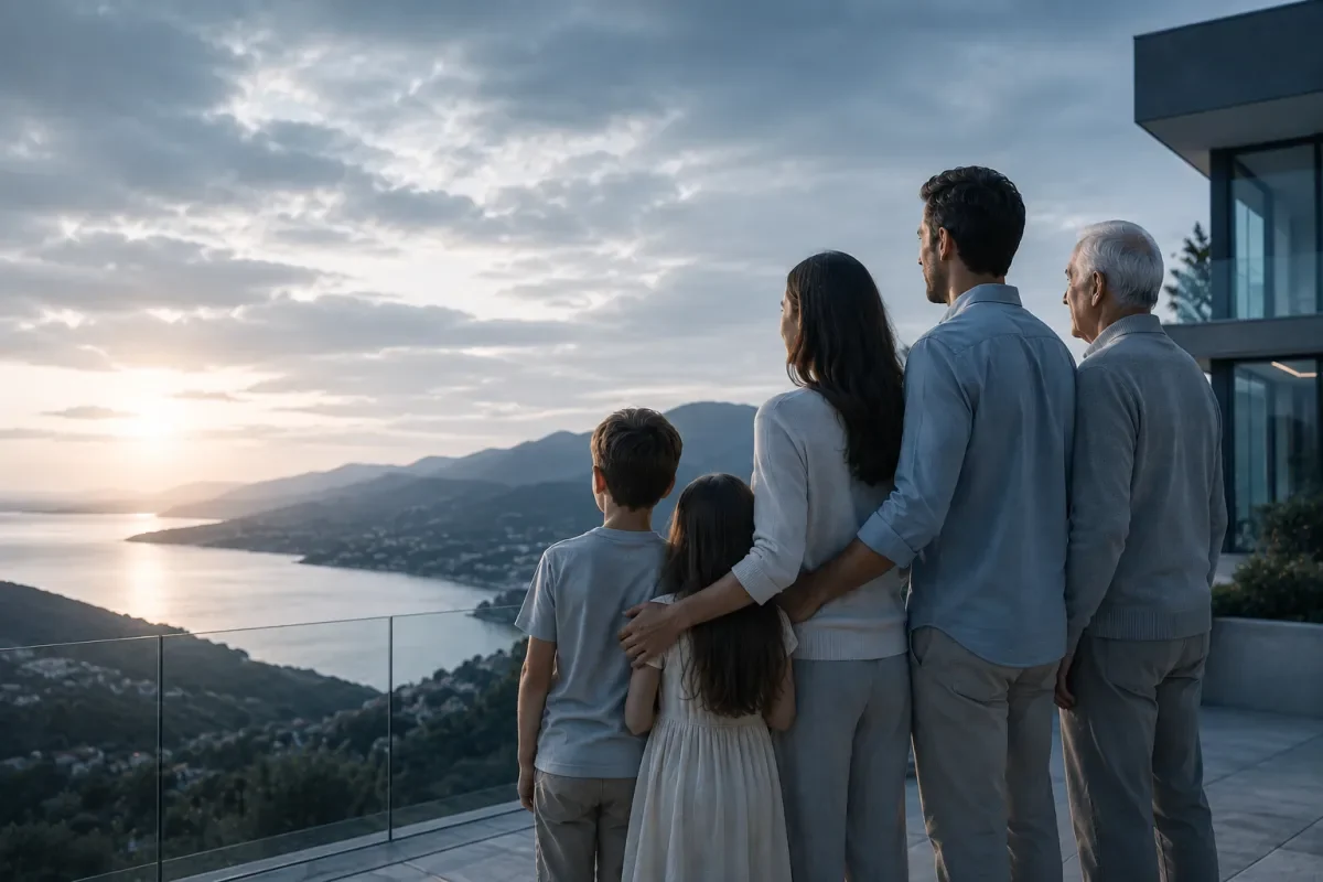 Three generations of a family standing together on a terrace, looking out over the coast at sunrise.