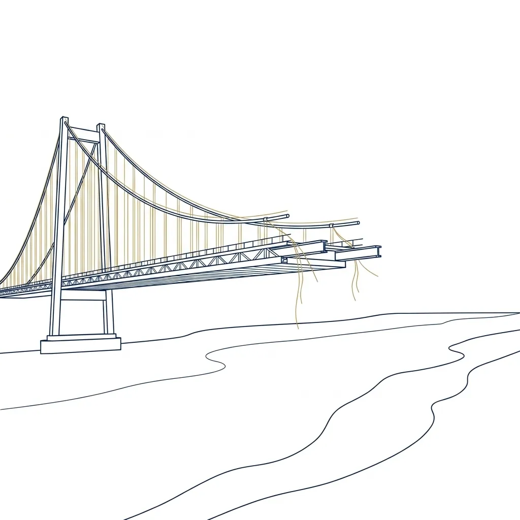 Line drawing of an unfinished suspension bridge whose deck stops in mid-air, with loose cables hanging from the end.
