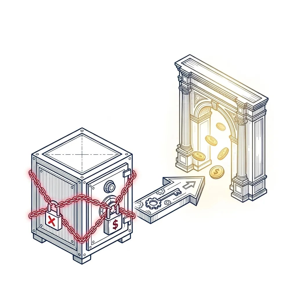 Line drawing of a safe wrapped in red chains and padlocks beside an open archway with coins passing freely through it.