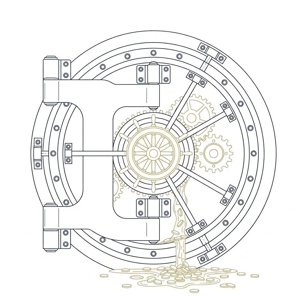 Line drawing of a bank vault door with gold coins trickling out from beneath its mechanism.