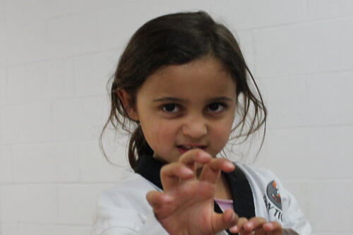 young child doing a tiger claw karate stance in the tiny tigers class