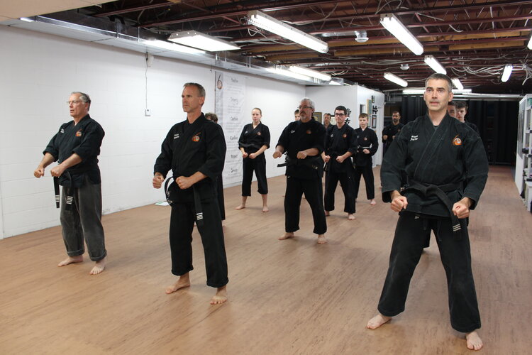 Adult karate students in the ready stance 