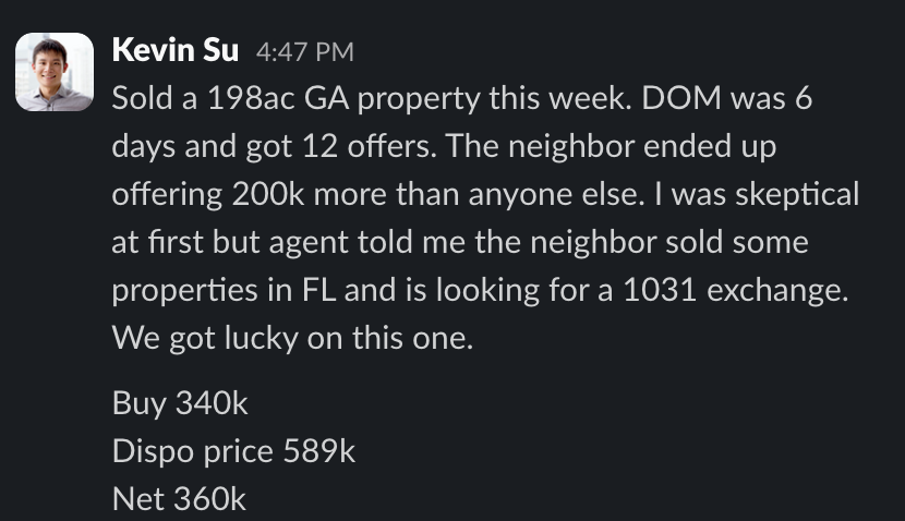Community post from Kevin Su: sold a 198 acre Georgia property, bought for 340k, sold for 589k, netting 360k