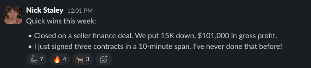 Community post from Nick Staley: closed a seller finance deal with 101,000 dollars in gross profit and signed three contracts in ten minutes