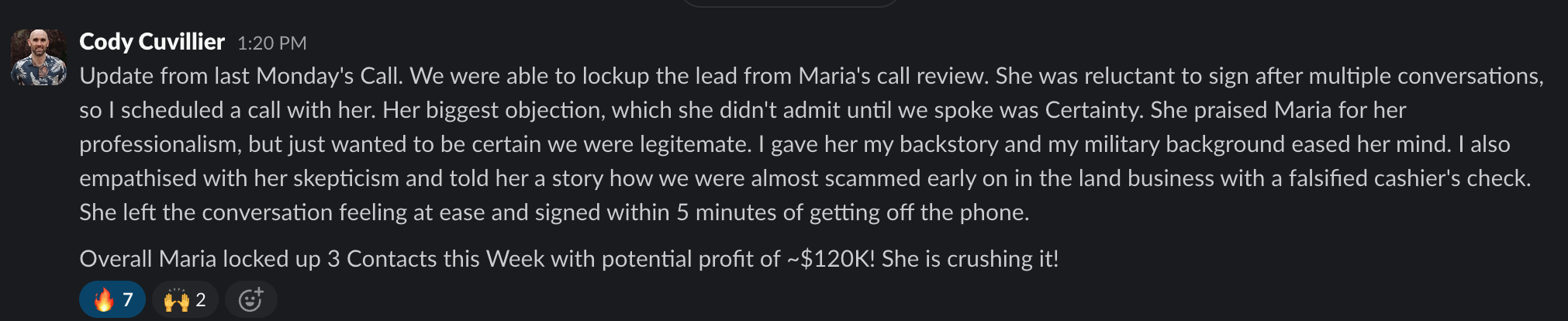 Community post from Cody Cuvillier: three contracts locked up in one week with around 120k in potential profit after a call review
