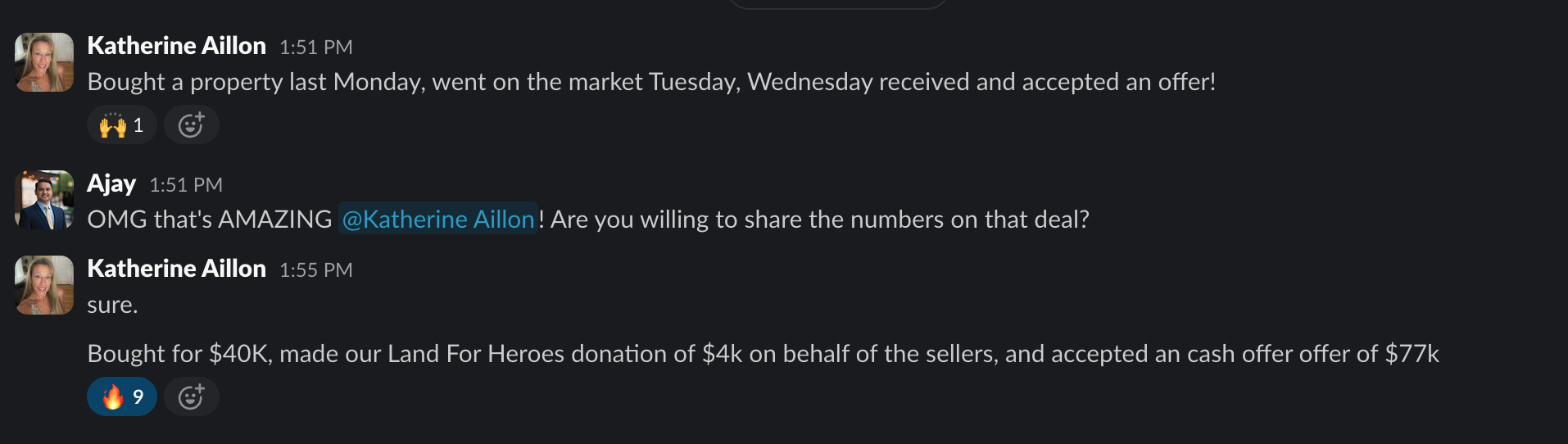Community post from Katherine Aillon: bought a property Monday and accepted an offer Wednesday, buying for 40k and selling for 77k