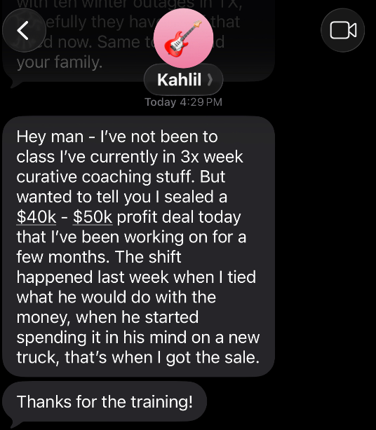 Text message from a member reporting a 40 to 50k profit deal sealed after applying the training