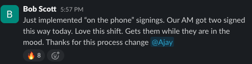 Community post from Bob Scott about moving to on-the-phone signings, with his acquisition manager getting two signed the same day