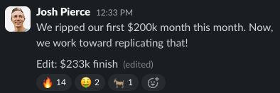 Josh Pierce's post in the members channel announcing a closed deal