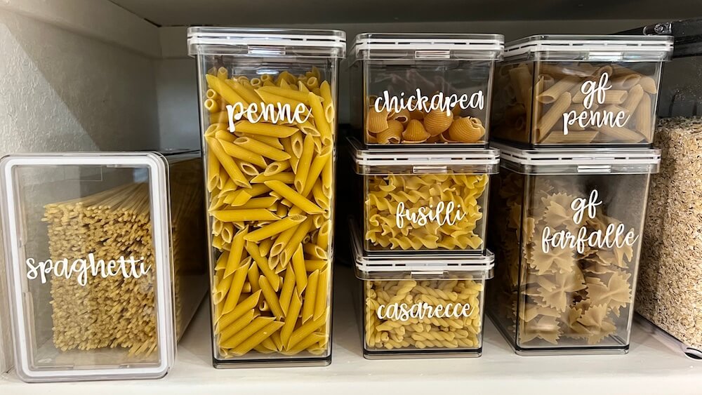 Organized pasta in a pantry