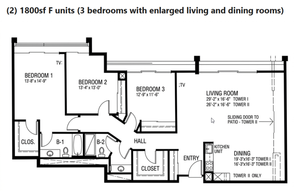 The Towers Laguna Woods floor plan F, three bedroom, 1800 square feet, our largest plan