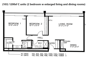 The Towers Laguna Woods floor plan C, two bedroom, 1200 square feet