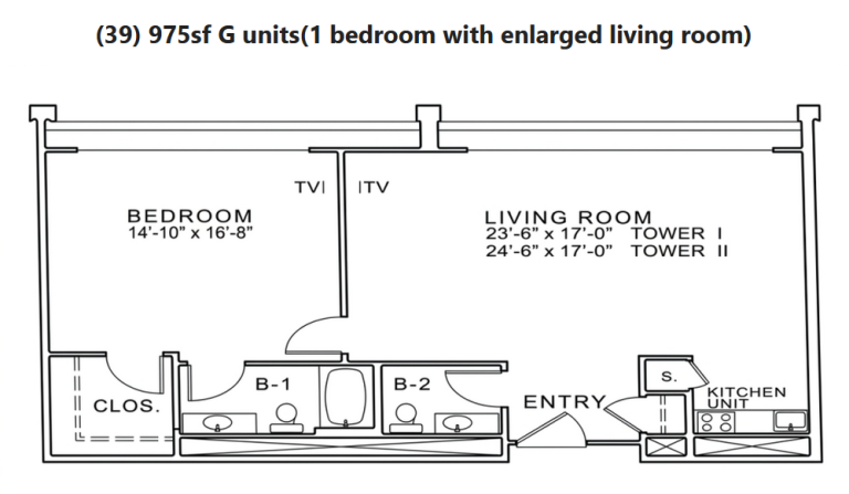 The Towers Laguna Woods floor plan G, one bedroom, 975 square feet