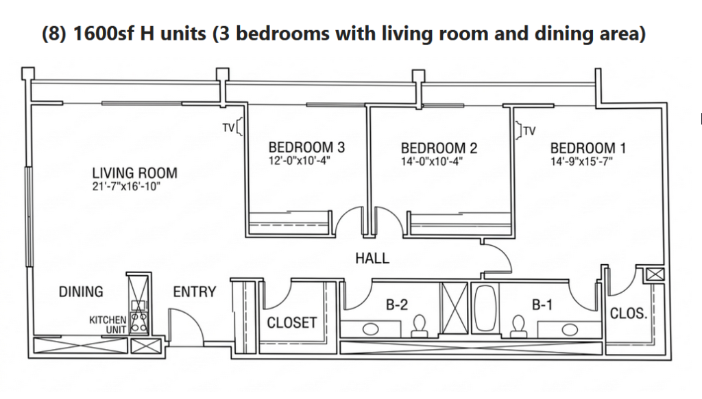 The Towers Laguna Woods floor plan H, three bedroom, 1600 square feet