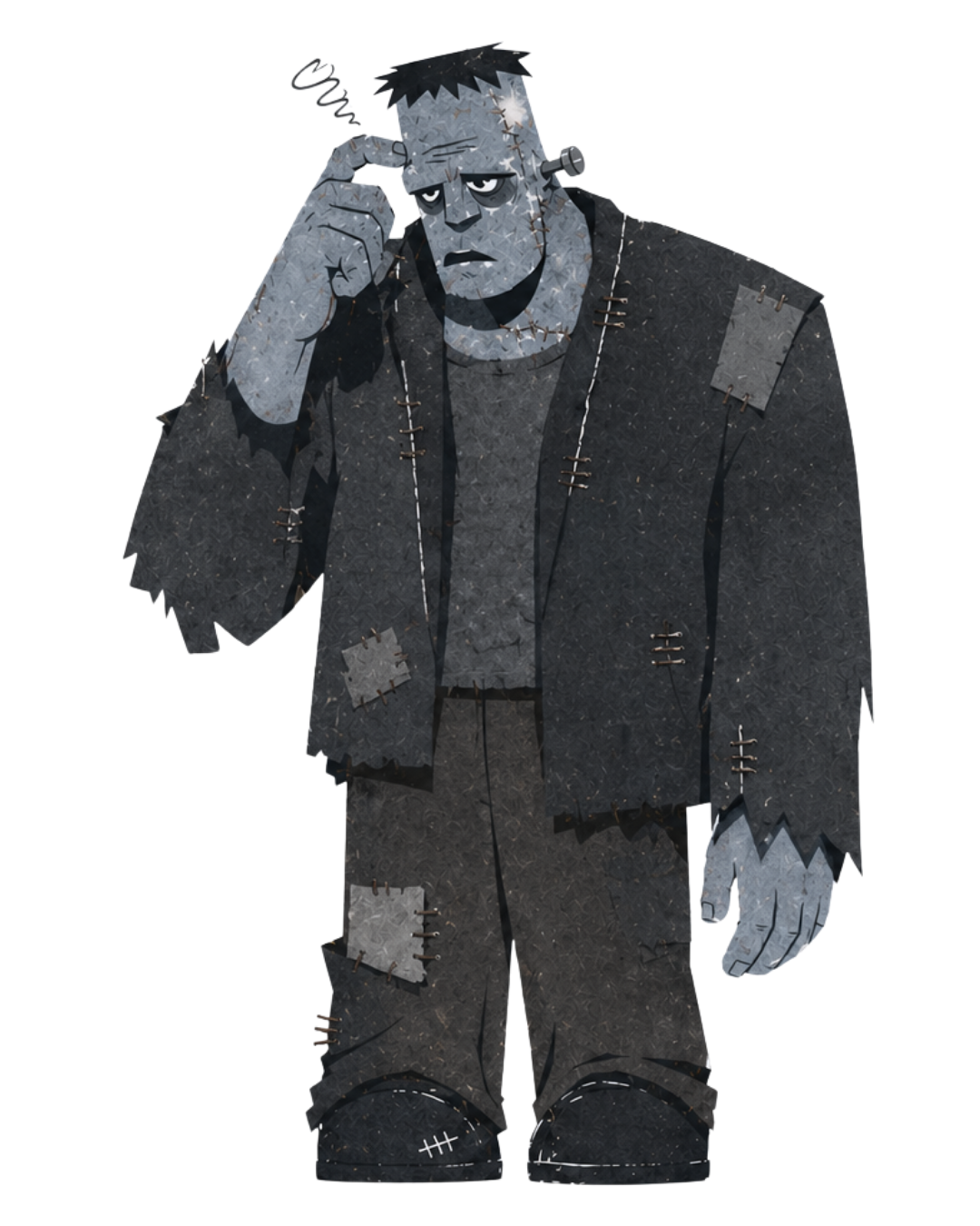 Frankenstein exausto, em pé com a mão na cabeça
