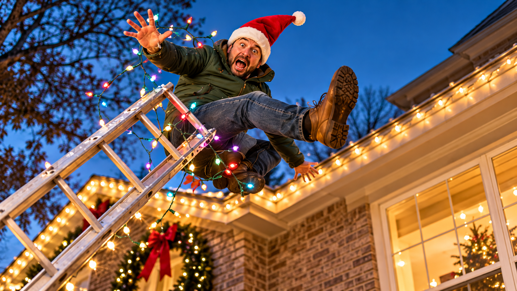 Homeowner climbing a ladder to install Christmas lights