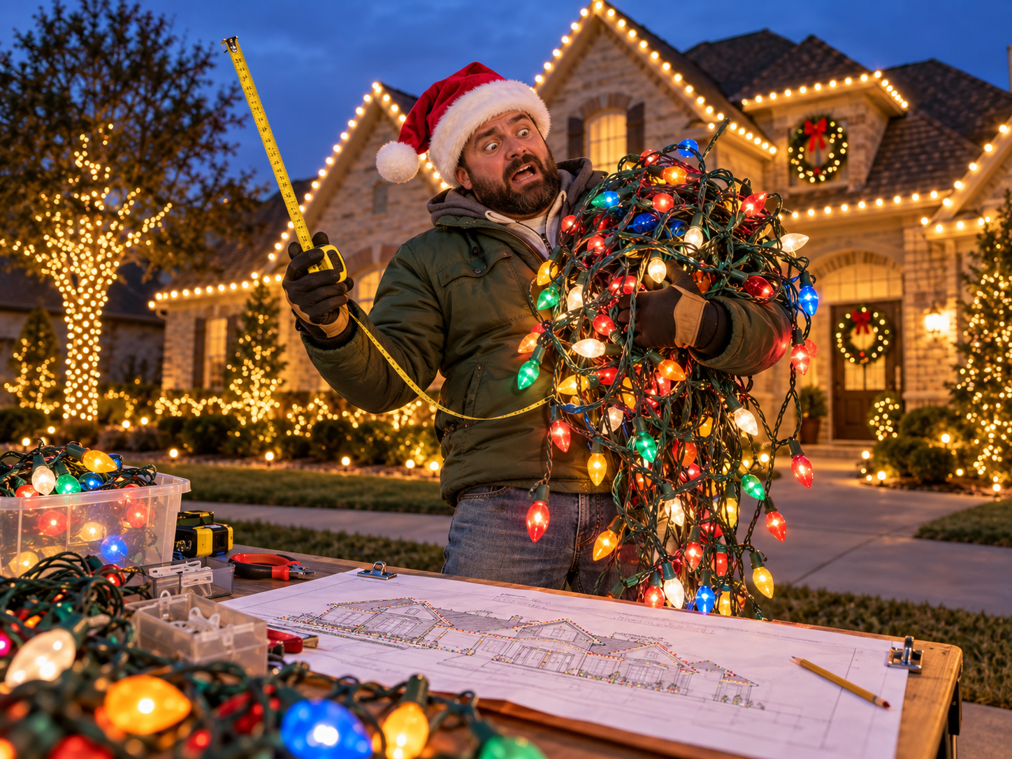 Homeowner measuring and hanging outdoor Christmas lights