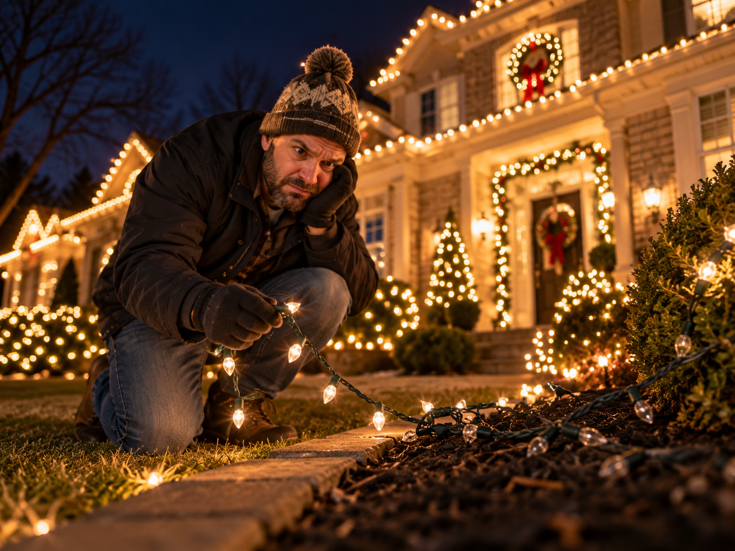 Homeowner troubleshooting Christmas lights that stopped working