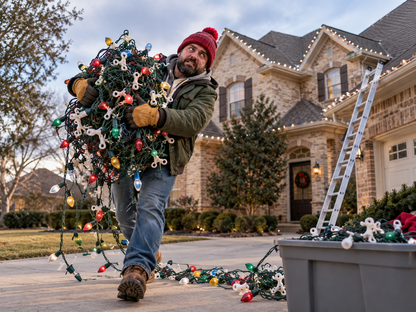 Homeowner taking down Christmas lights after the holidays