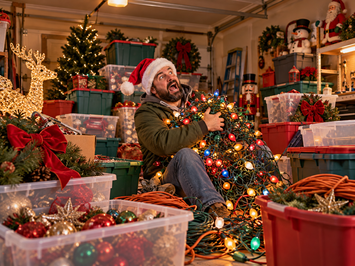 Christmas decoration storage boxes filling a garage