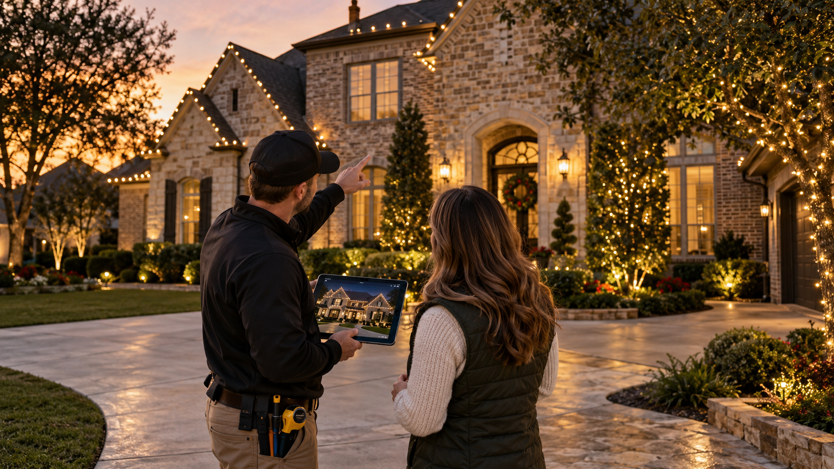Christmas lighting designer planning a custom display with a homeowner
