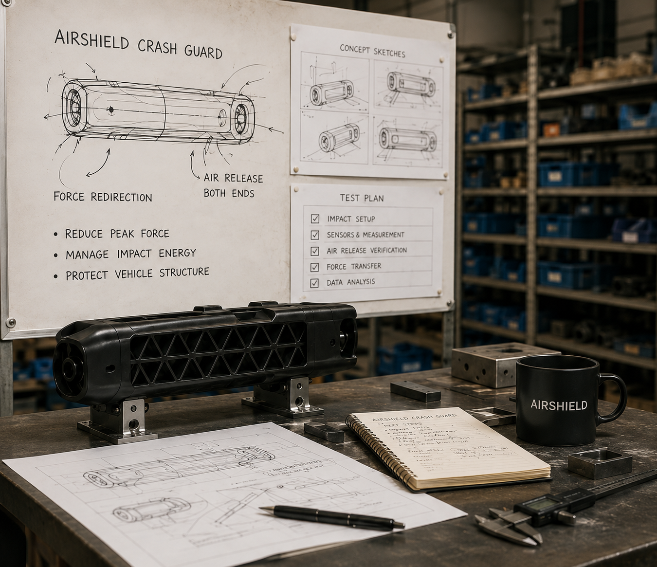 Founder reviewing AirShield engineering sketches and prototype notes