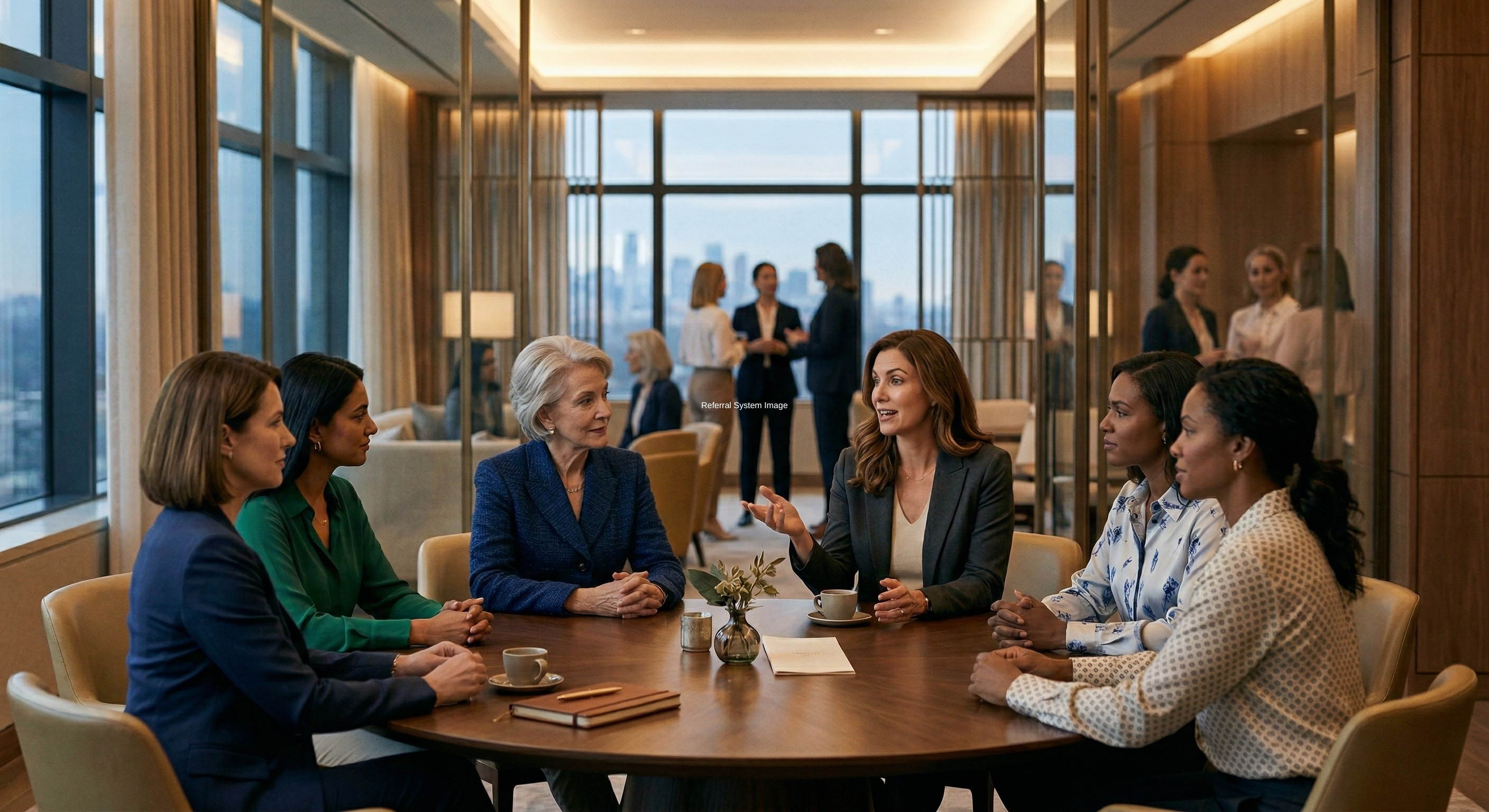 A small group seated around a table in a calm, upscale setting. A small group seated around a table in a calm, upscale setting.