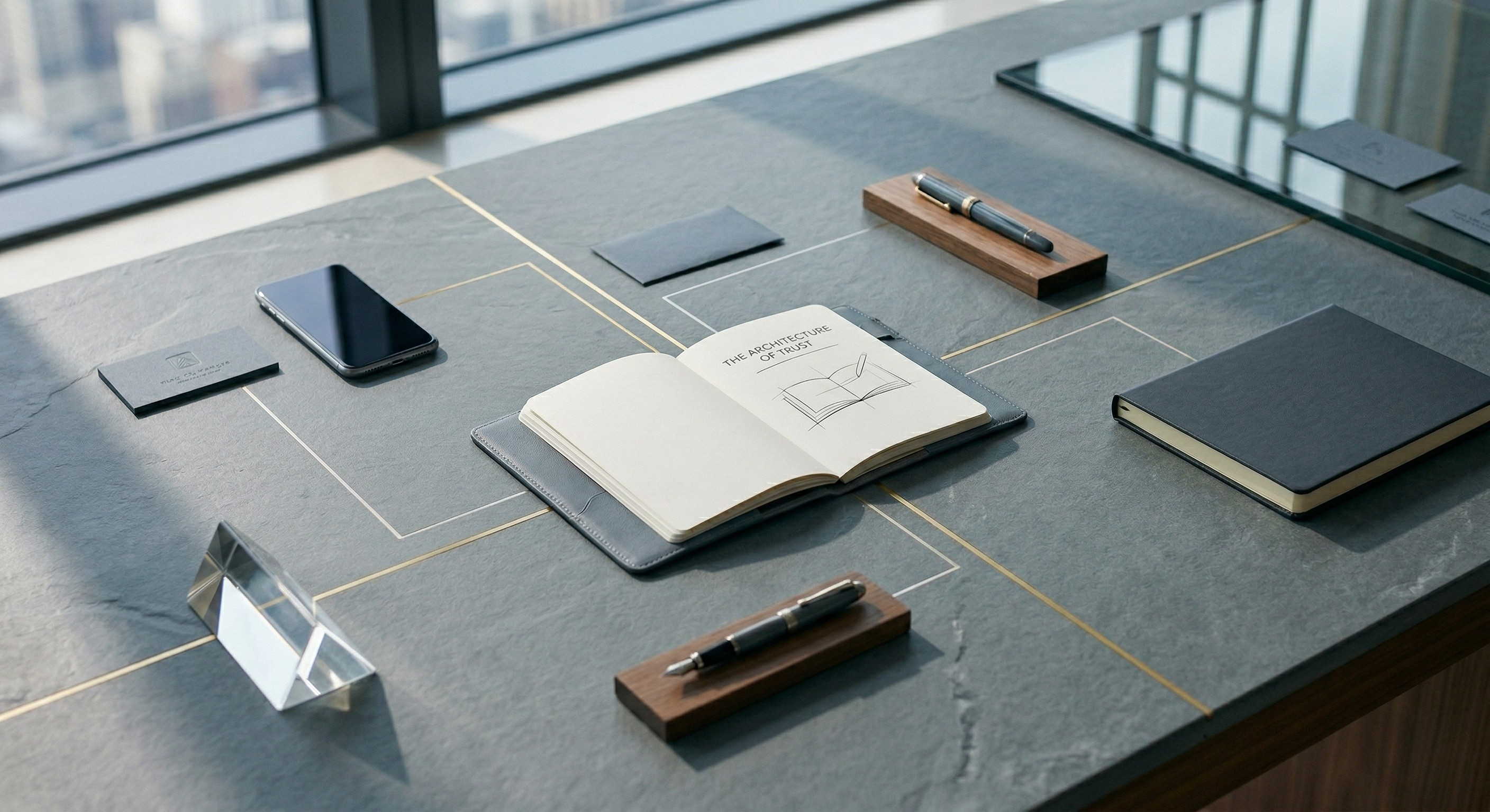 A top-down or slightly angled shot of a refined workspace—stone or matte wood surface. At the center: a single open notebook or tablet A top-down or slightly angled shot of a refined workspace—stone or matte wood surface. At the center: a single open notebook or tablet