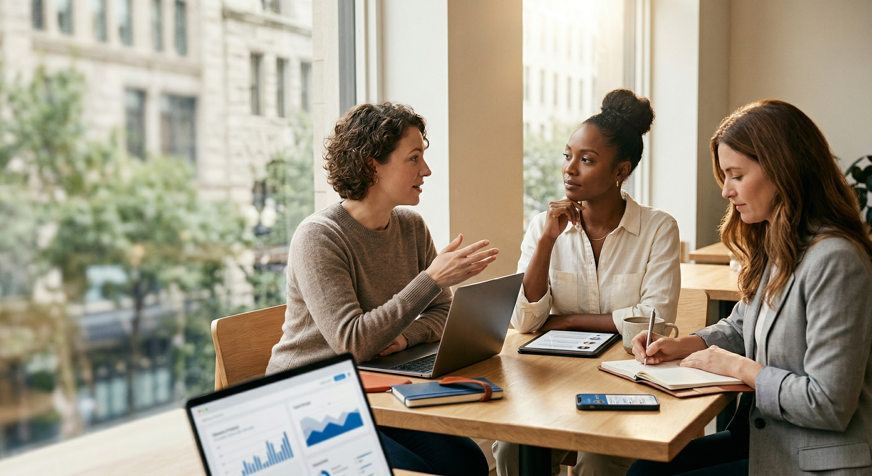 Two professional women sit nearby, mid-conversation, one gesturing thoughtfully, the other listening intently.