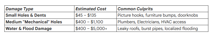 "Table showing 2026 drywall repair costs in Denver, ranging from $45 for small holes to $5,000+ for major flood damage restoration, including plumbing patches and textured finish estimates."