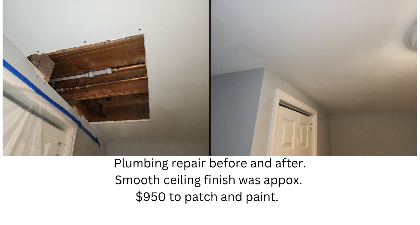 Before and after comparison of a drywall ceiling repair in Denver following a plumbing leak, showing exposed copper pipes transitioned to a seamless smooth finish for $950.