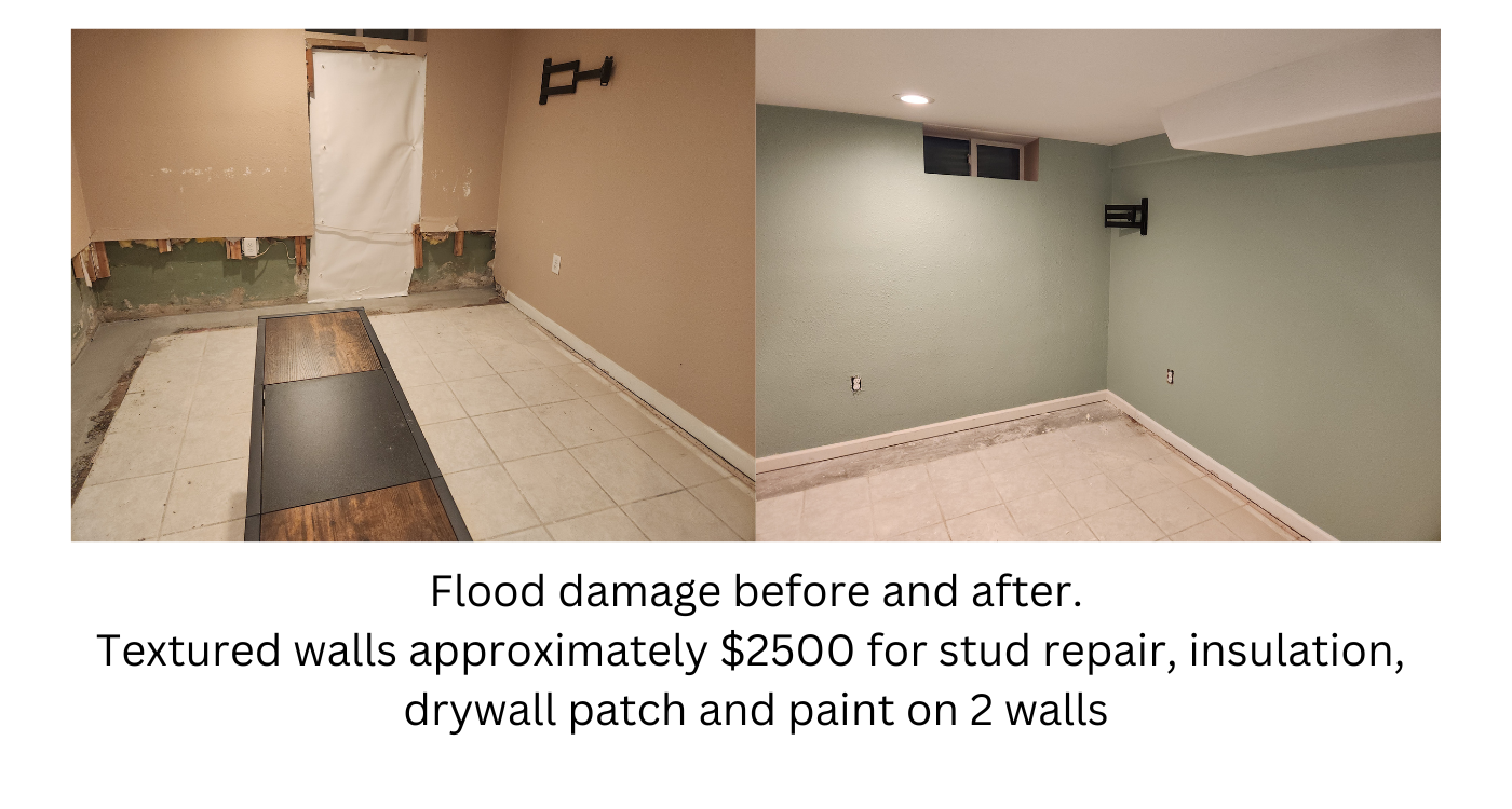 Flood Damage Restoration (Before & After): Before and after of a Denver basement flood restoration: $2,500 repair featuring new wall studs, insulation, and textured drywall across two finished walls. Flood Damage Restoration (Before & After): Before and after of a Denver basement flood restoration: $2,500 repair featuring new wall studs, insulation, and textured drywall across two finished walls.