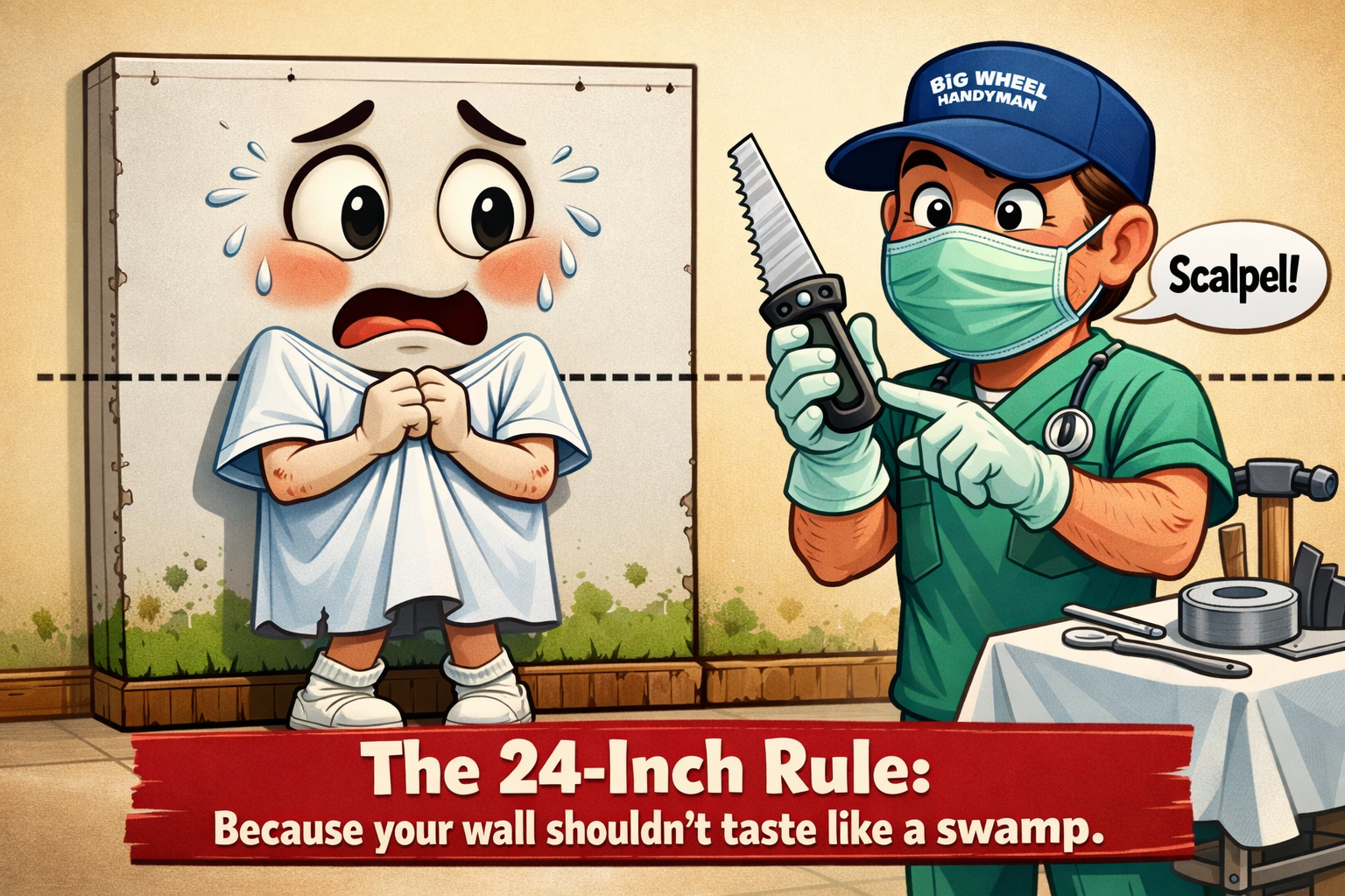 Humorous infographic for Denver flood repair: A personified drywall wall in a hospital gown nervously watches a Big Wheel Handyman 'surgeon' prepare to make a 24-inch 'flood cut' with a drywall saw. Humorous infographic for Denver flood repair: A personified drywall wall in a hospital gown nervously watches a Big Wheel Handyman 'surgeon' prepare to make a 24-inch 'flood cut' with a drywall saw.