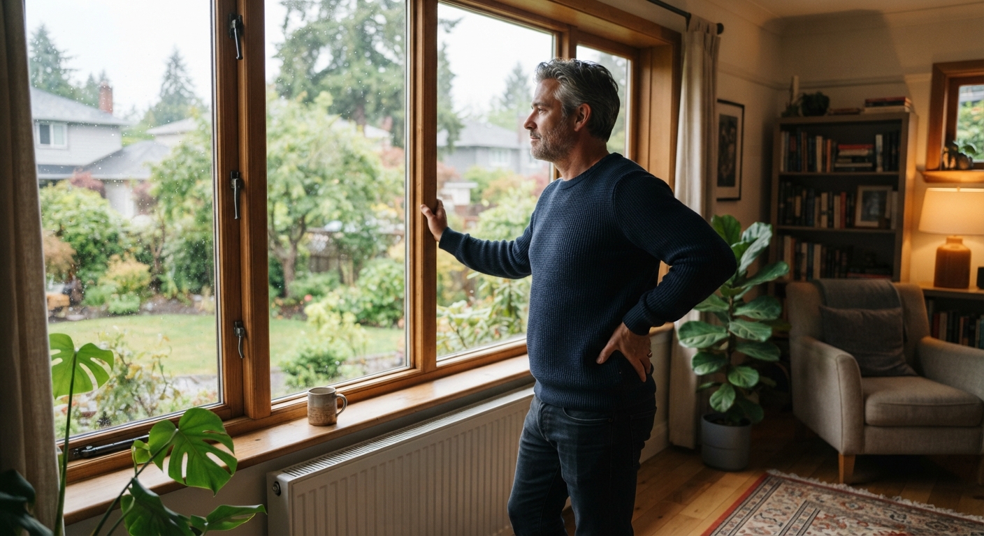 Man holding his lower back at home